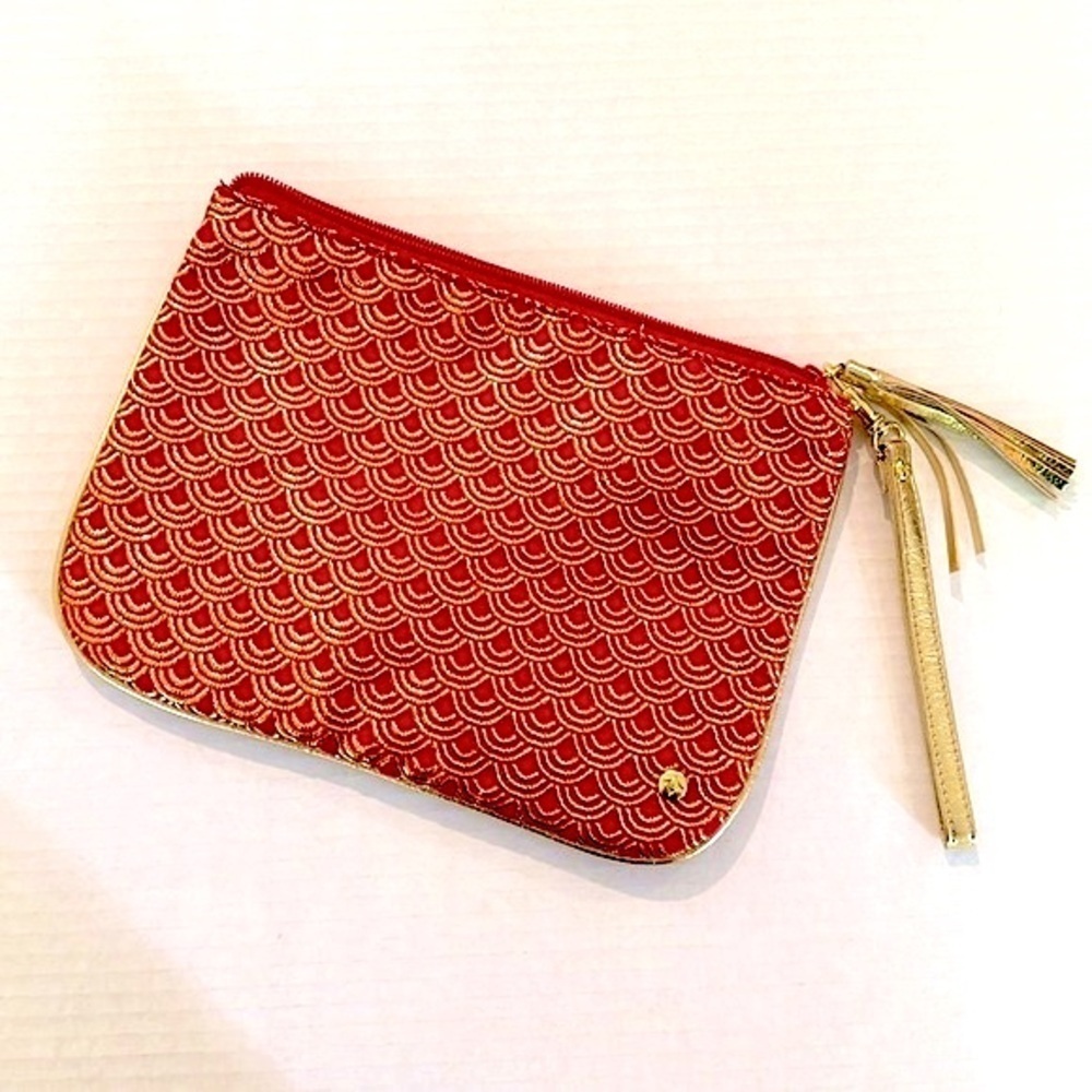 Stephanie Johnson‎ Brocade Makeup Cosmetic Bag Women's 9" Red Gold Tassel NWOT